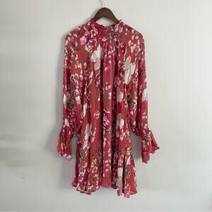 byTiMo | Women’s Chiffon Floral Botanical Rust Red Mini Shift Dress Mock-neck L